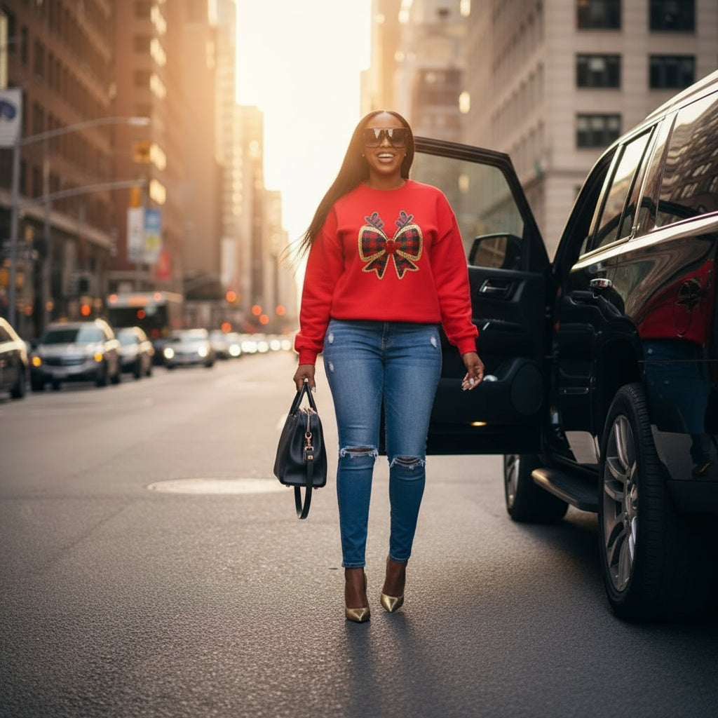 Christmas Plaid Reindeer Antler Bow Sweatshirt